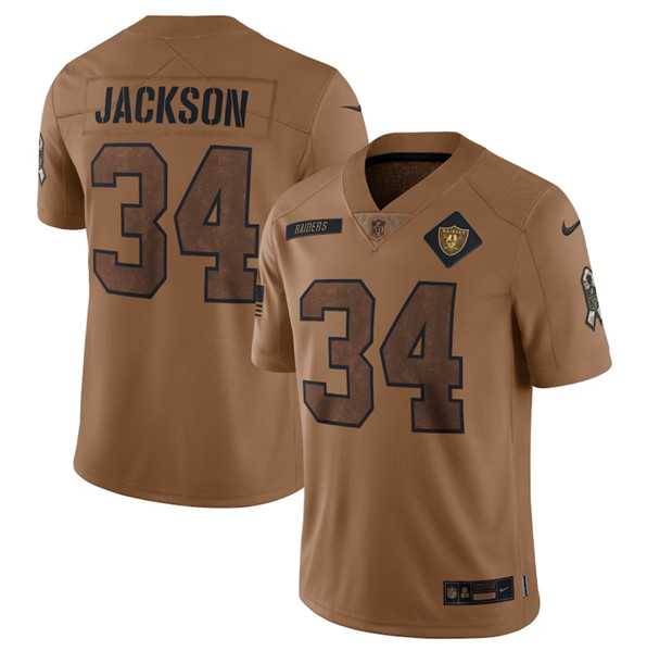 Mens Las Vegas Raiders #34 Bo Jackson 2023 Brown Salute To Service Limited Football Stitched Jersey Dyin->las vegas raiders->NFL Jersey